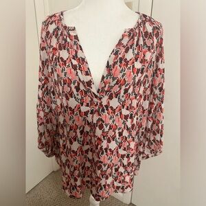 Joie Women's M 100% Silk Red White Geometric Snake Print Boho V-neck blouse